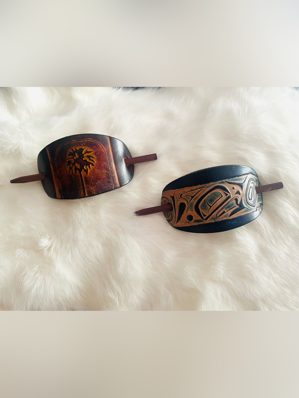 2 Handcrafted Real Leather Hair Barrettes with palm tree and native design